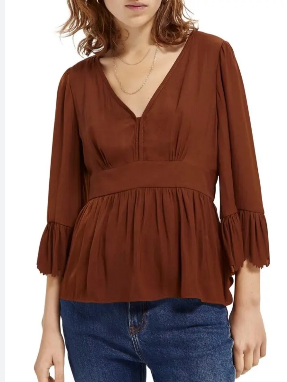 Scotch & Soda Scalloped Edge brown V-neck peplum blouse